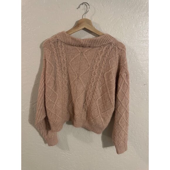 Guess Light Pink Cable Knit Relaxed V Neck Fisherman Chunky Sweater - Picture 8 of 8